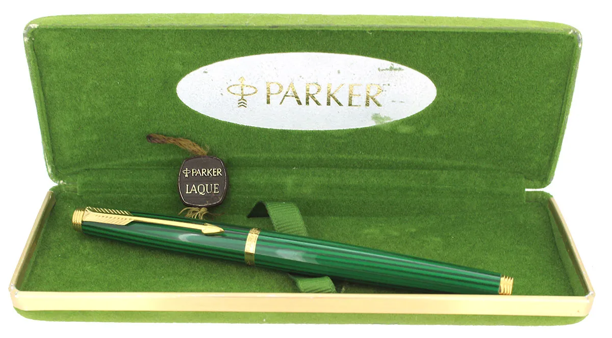 1984 PARKER 75 LAQUE MALACHITE GREEN 14K FINE NIB FOUNTAIN PEN NOS NEVER INKED