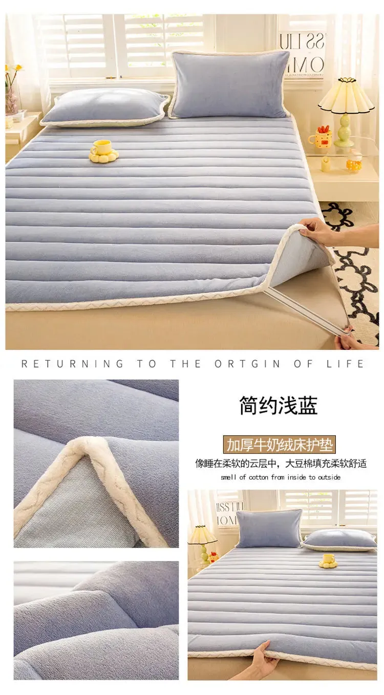 1pc Foldable Plush Tatami Floor Bed Mat Bedsheet Winter Milk Flannel Warm Soft Mattress Toppers Home Dormitory Bunk Bedspread
