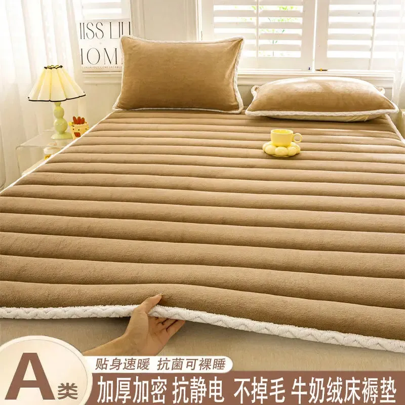 1pc Foldable Plush Tatami Floor Bed Mat Bedsheet Winter Milk Flannel Warm Soft Mattress Toppers Home Dormitory Bunk Bedspread
