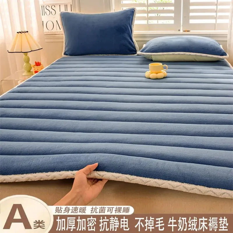 1pc Foldable Plush Tatami Floor Bed Mat Bedsheet Winter Milk Flannel Warm Soft Mattress Toppers Home Dormitory Bunk Bedspread