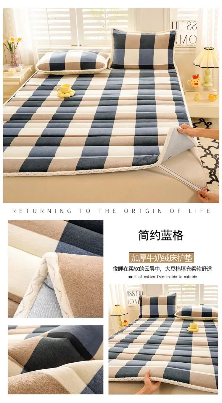 1pc Foldable Plush Tatami Floor Bed Mat Bedsheet Winter Milk Flannel Warm Soft Mattress Toppers Home Dormitory Bunk Bedspread