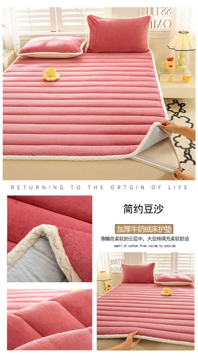 1pc Foldable Plush Tatami Floor Bed Mat Bedsheet Winter Milk Flannel Warm Soft Mattress Toppers Home Dormitory Bunk Bedspread