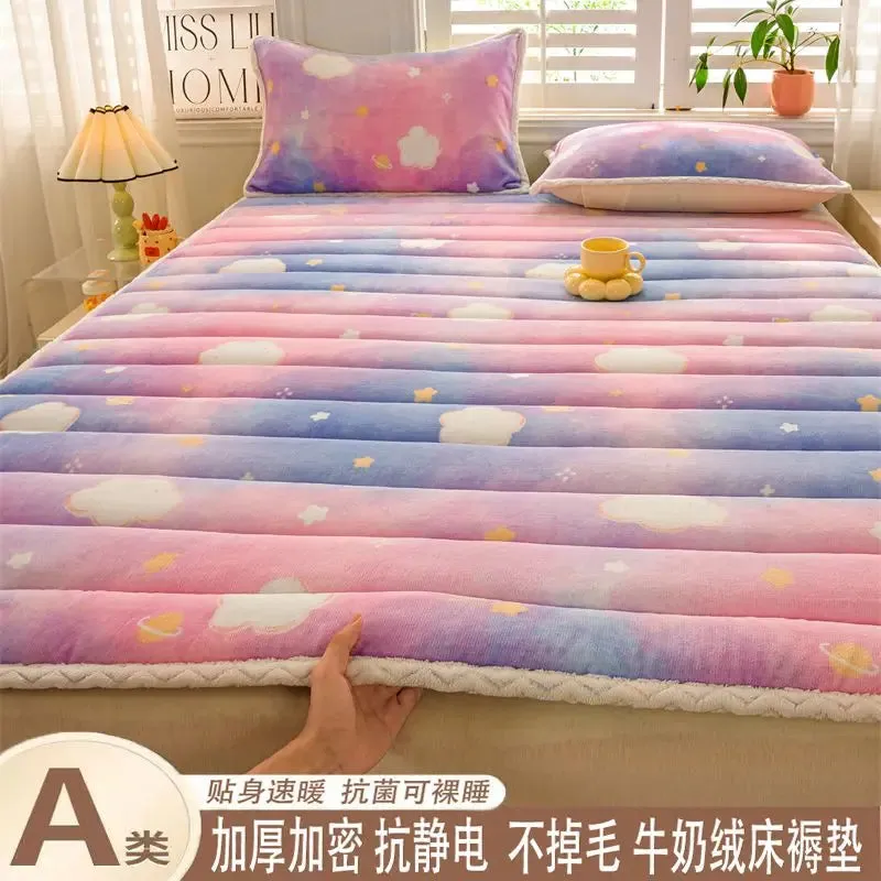 1pc Foldable Plush Tatami Floor Bed Mat Bedsheet Winter Milk Flannel Warm Soft Mattress Toppers Home Dormitory Bunk Bedspread