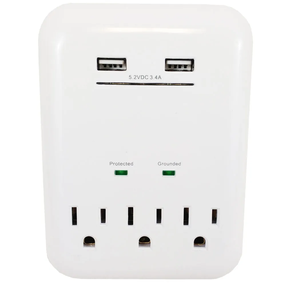 3 Outlet Power Tap - 950J Surge protection, 2 Fast Charge USB Port - White