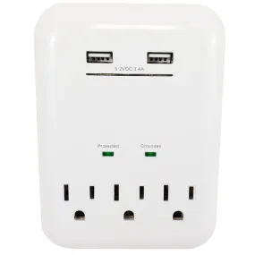3 Outlet Power Tap - 950J Surge protection, 2 Fast Charge USB Port - White