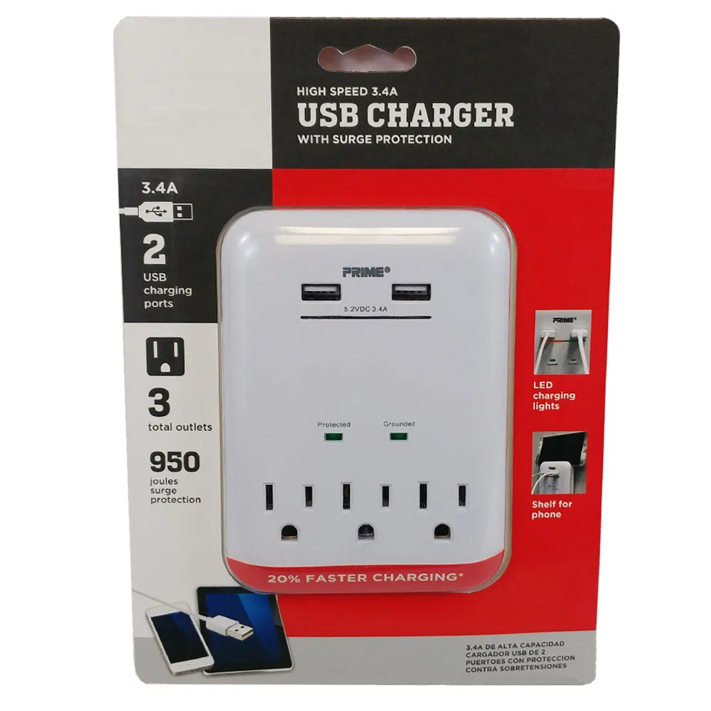 3 Outlet Power Tap - 950J Surge protection, 2 Fast Charge USB Port - White
