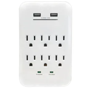 6 Outlet Power Tap - 1200J Surge protection, 2 Fast Charge USB Port - White