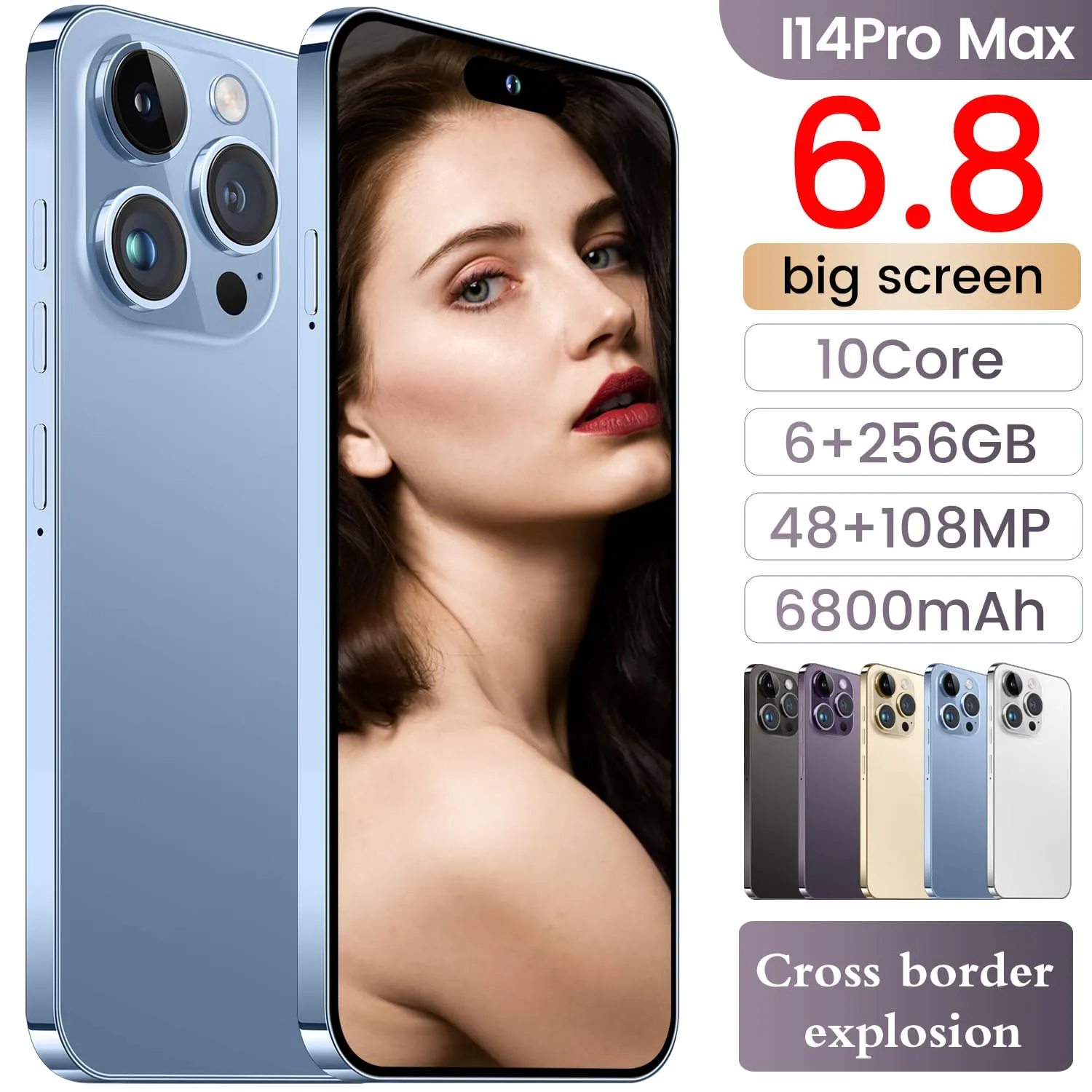 A SLICE RED I14 Pro Max Unlocked Cell Phone,Long Battery Life 6.82" HD Screen Unlocked Phones,Android13 6 256GB Smartphone with 128G Memory Card,Dual SIM/Fingerprint Lock/Face ID/GPS(Blue)