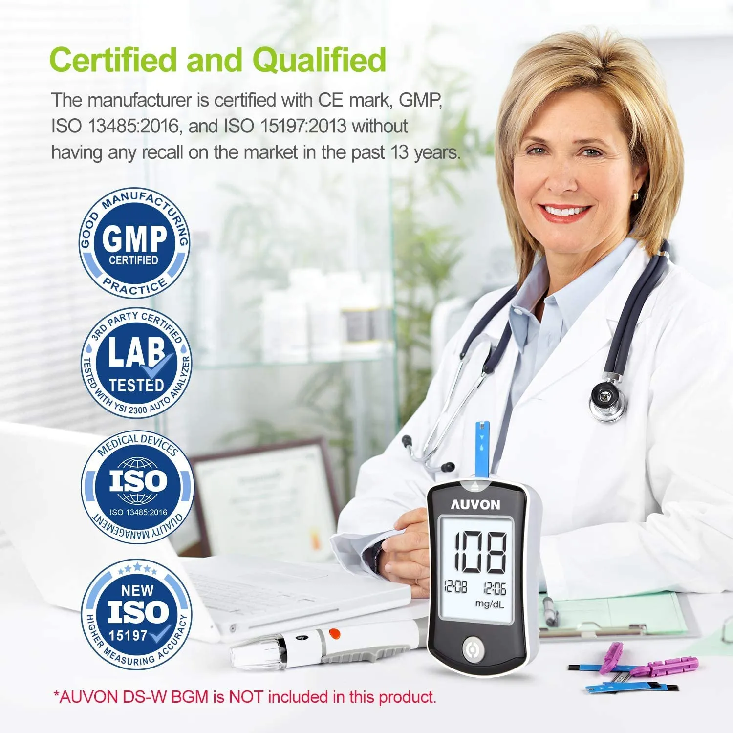 AUVON I-QARE DS-W Draw-in Blood Glucose Test Strips (150 Count) for use with AUVON DS-W Diabetes Sugar Testing Meter (No Coding Required, 2 Box of 75 Each) 75 Count (Pack of 2)