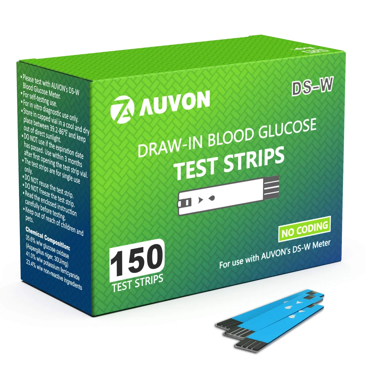 AUVON I-QARE DS-W Draw-in Blood Glucose Test Strips (150 Count) for use with AUVON DS-W Diabetes Sugar Testing Meter (No Coding Required, 2 Box of 75 Each) 75 Count (Pack of 2)