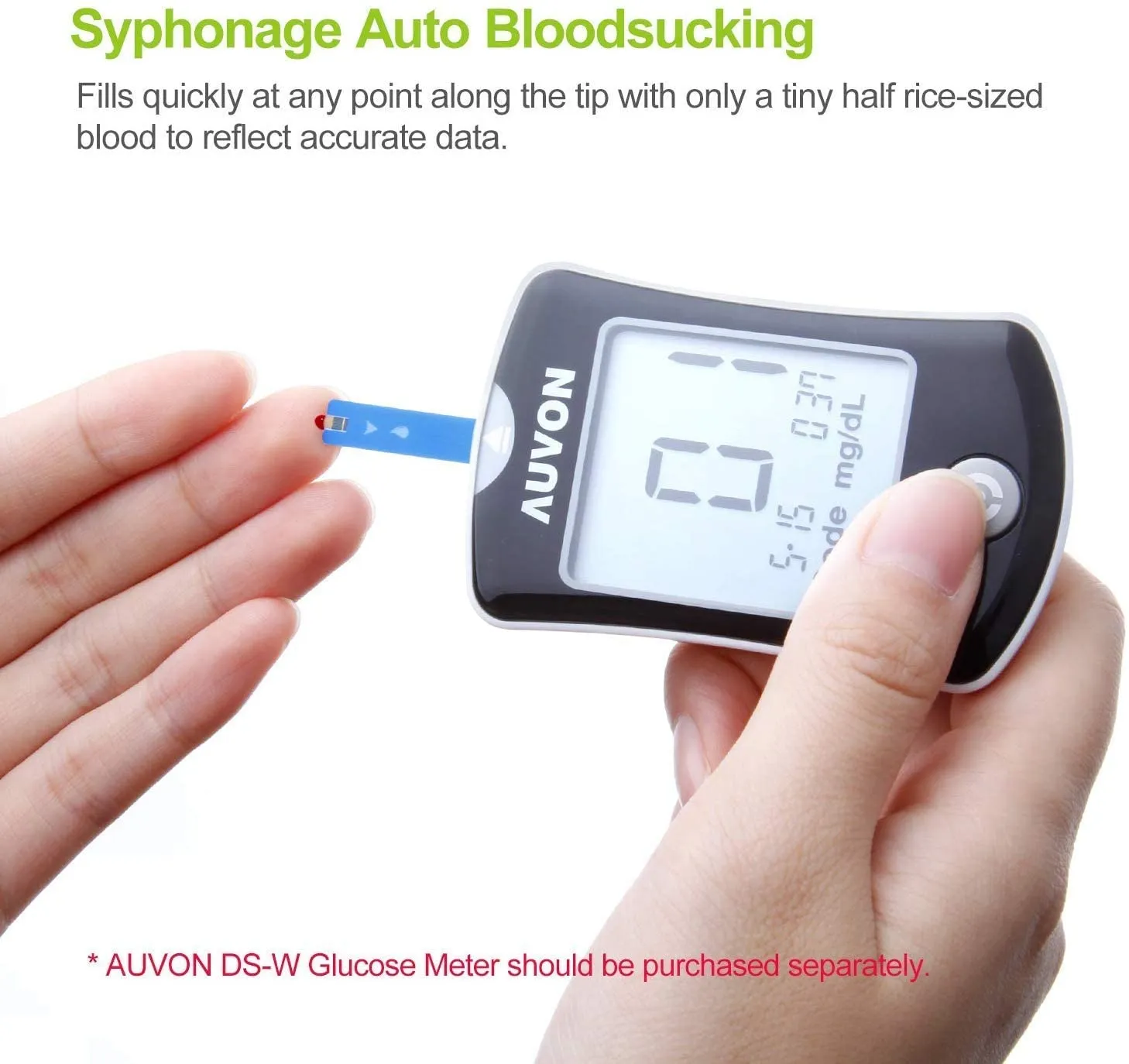 AUVON I-QARE DS-W Draw-in Blood Glucose Test Strips (150 Count) for use with AUVON DS-W Diabetes Sugar Testing Meter (No Coding Required, 2 Box of 75 Each) 75 Count (Pack of 2)
