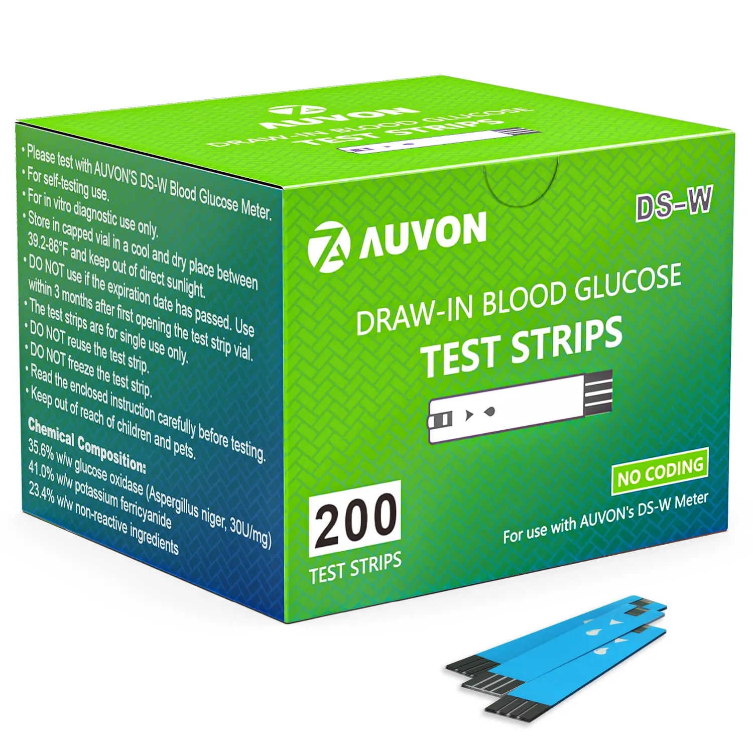 AUVON I-QARE DS-W Draw-in Blood Glucose Test Strips (200 Count) for use with AUVON DS-W Diabetes Sugar Testing Meter (No Coding Required, 4 Box of 50 Each) 200 Count