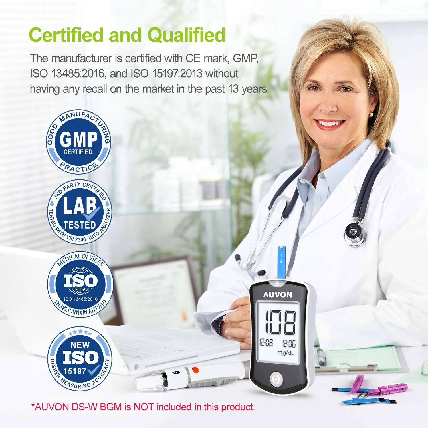 AUVON I-QARE DS-W Draw-in Blood Glucose Test Strips (200 Count) for use with AUVON DS-W Diabetes Sugar Testing Meter (No Coding Required, 4 Box of 50 Each) 200 Count