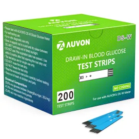 AUVON I-QARE DS-W Draw-in Blood Glucose Test Strips (200 Count) for use with AUVON DS-W Diabetes Sugar Testing Meter (No Coding Required, 4 Box of 50 Each) 200 Count