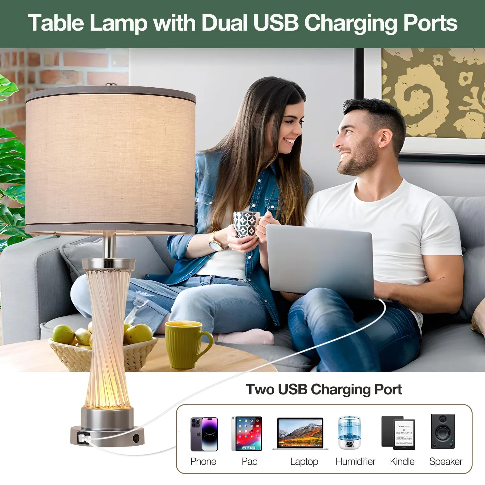 bdayanx 3-Way Dimmable Table Lamp Set of 2,Touch Control Lamp with Night Light,Modern Crystal Table Lamps for Bedroom,Living Room，Bedside Lamps with USB A C Ports，Fabric Lampshade(Blubs Included)