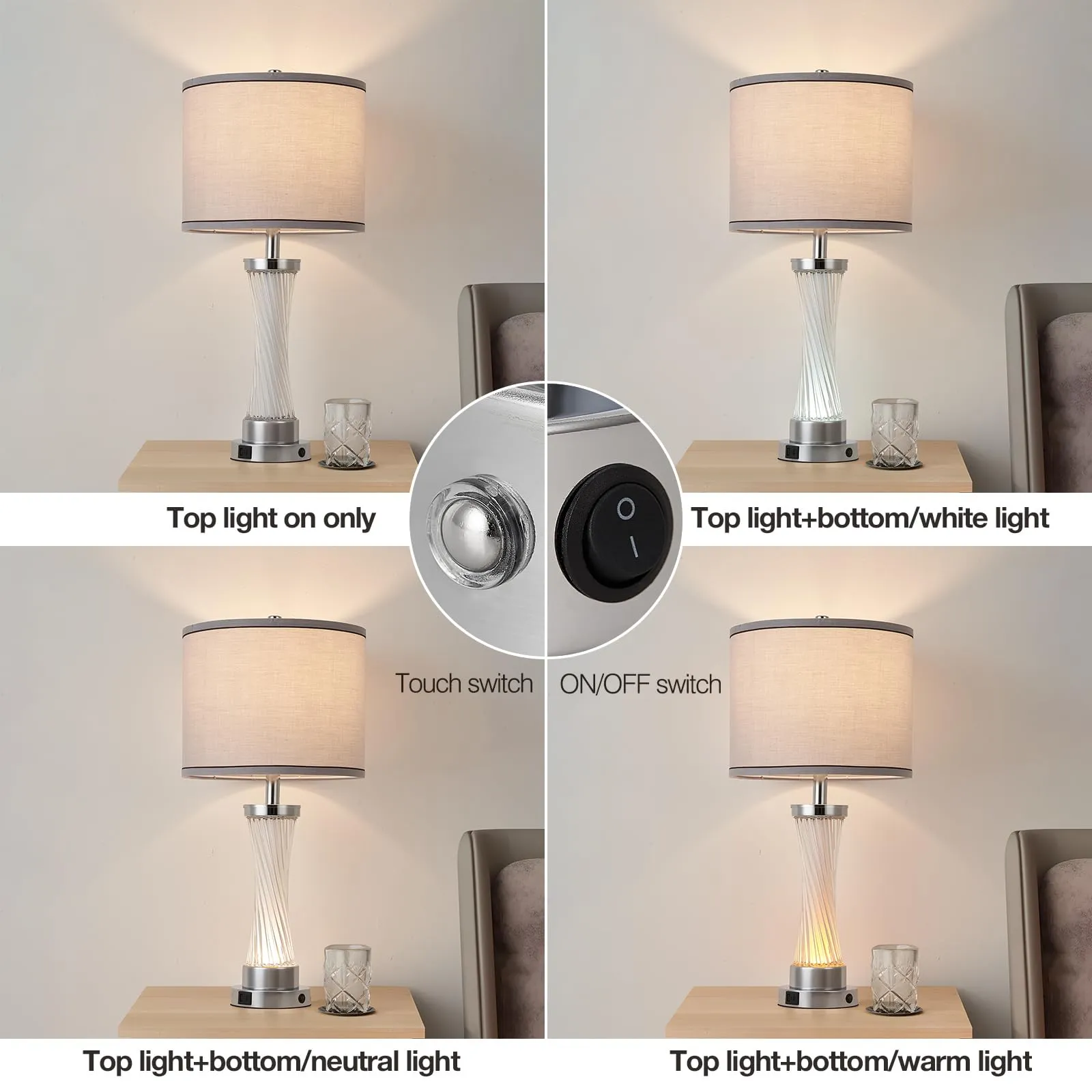 bdayanx 3-Way Dimmable Table Lamp Set of 2,Touch Control Lamp with Night Light,Modern Crystal Table Lamps for Bedroom,Living Room，Bedside Lamps with USB A C Ports，Fabric Lampshade(Blubs Included)