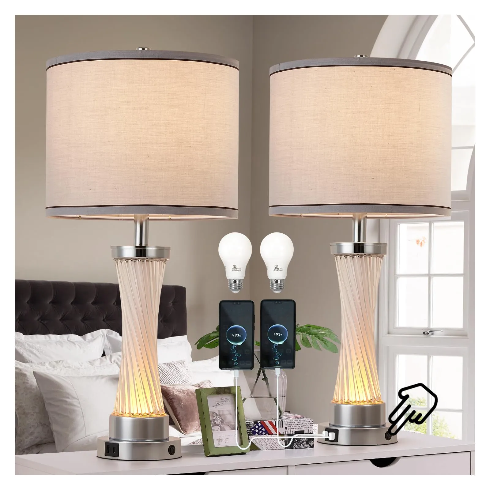 bdayanx 3-Way Dimmable Table Lamp Set of 2,Touch Control Lamp with Night Light,Modern Crystal Table Lamps for Bedroom,Living Room，Bedside Lamps with USB A C Ports，Fabric Lampshade(Blubs Included)
