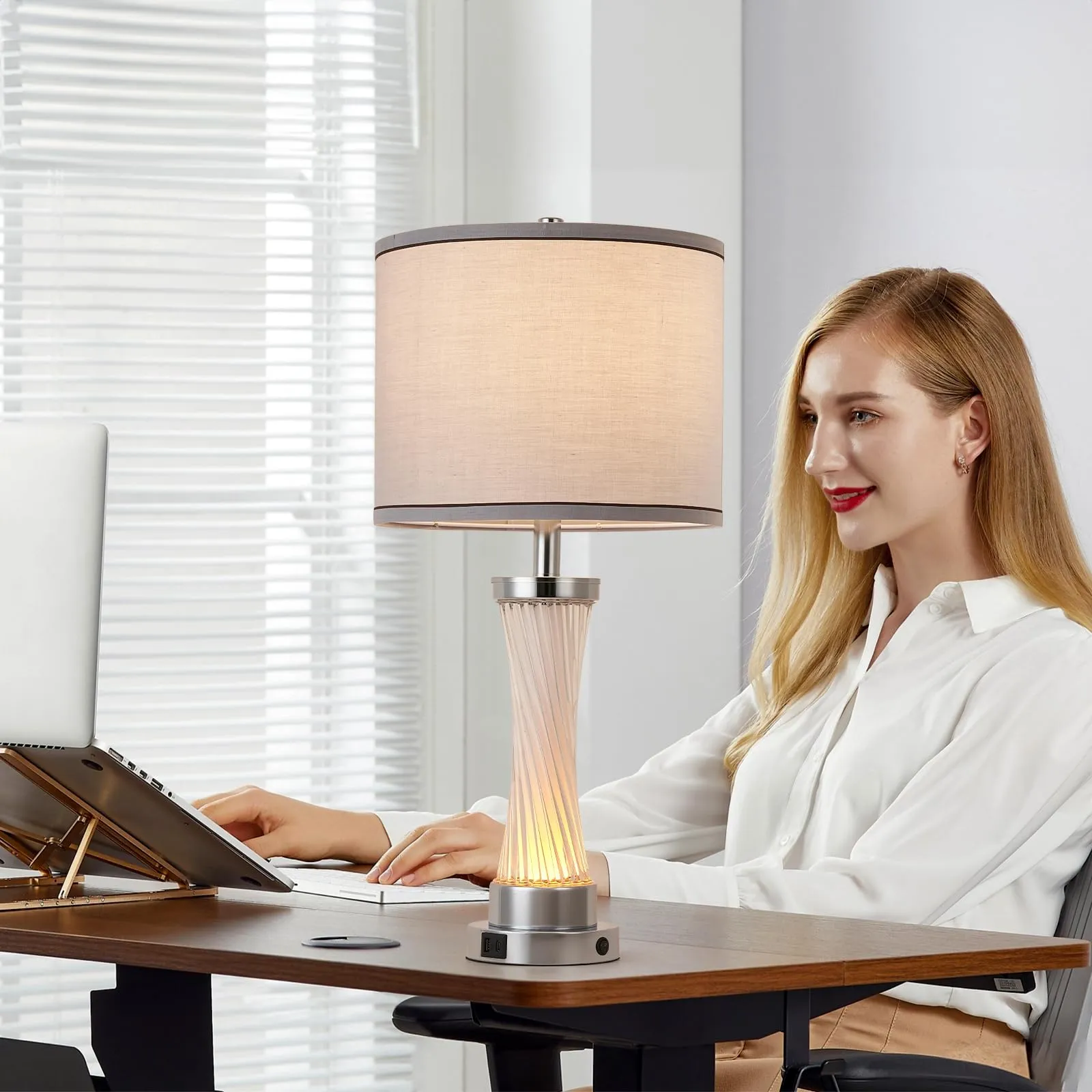 bdayanx 3-Way Dimmable Table Lamp Set of 2,Touch Control Lamp with Night Light,Modern Crystal Table Lamps for Bedroom,Living Room，Bedside Lamps with USB A C Ports，Fabric Lampshade(Blubs Included)