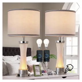 bdayanx 3-Way Dimmable Table Lamp Set of 2,Touch Control Lamp with Night Light,Modern Crystal Table Lamps for Bedroom,Living Room，Bedside Lamps with USB A C Ports，Fabric Lampshade(Blubs Included)