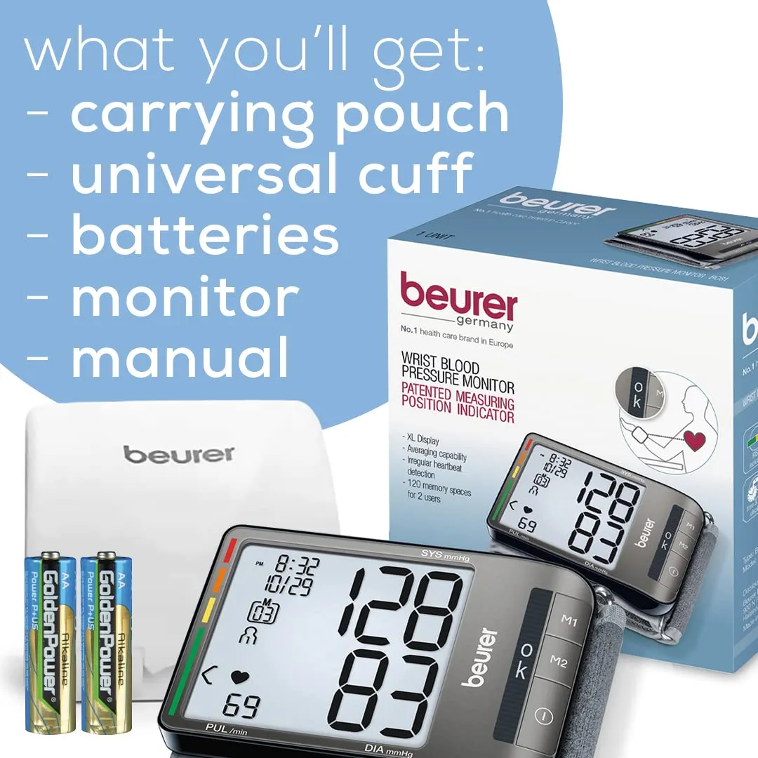 Beurer BC81 Wrist Blood Pressure Monitor – XL Display, Arrhythmia Detection, 120 Memory Sets – XL Blood Pressure Cuff Wrist for Home Use, Automatic Blood Pressure Machine with Storage Case, Batteries