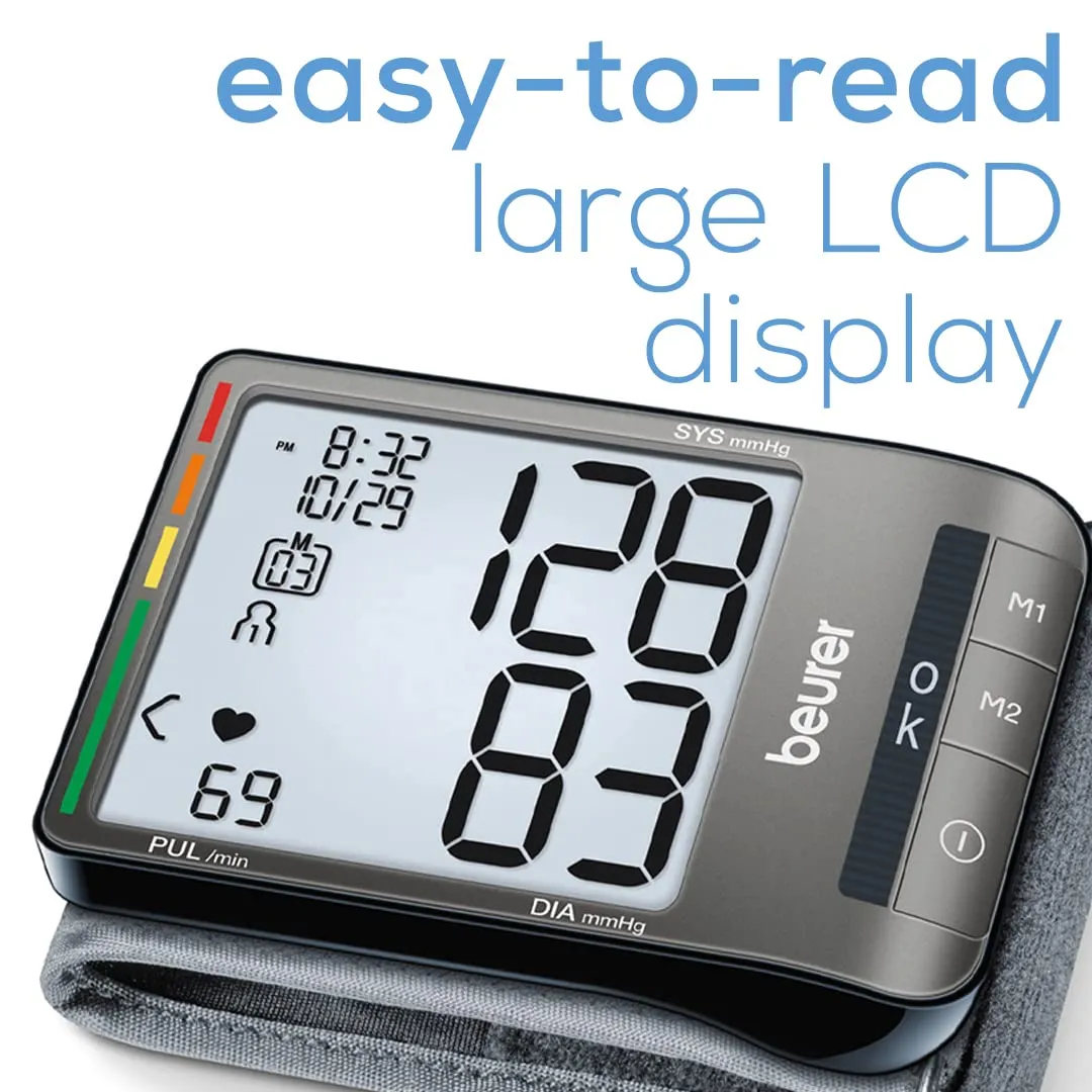 Beurer BC81 Wrist Blood Pressure Monitor – XL Display, Arrhythmia Detection, 120 Memory Sets – XL Blood Pressure Cuff Wrist for Home Use, Automatic Blood Pressure Machine with Storage Case, Batteries