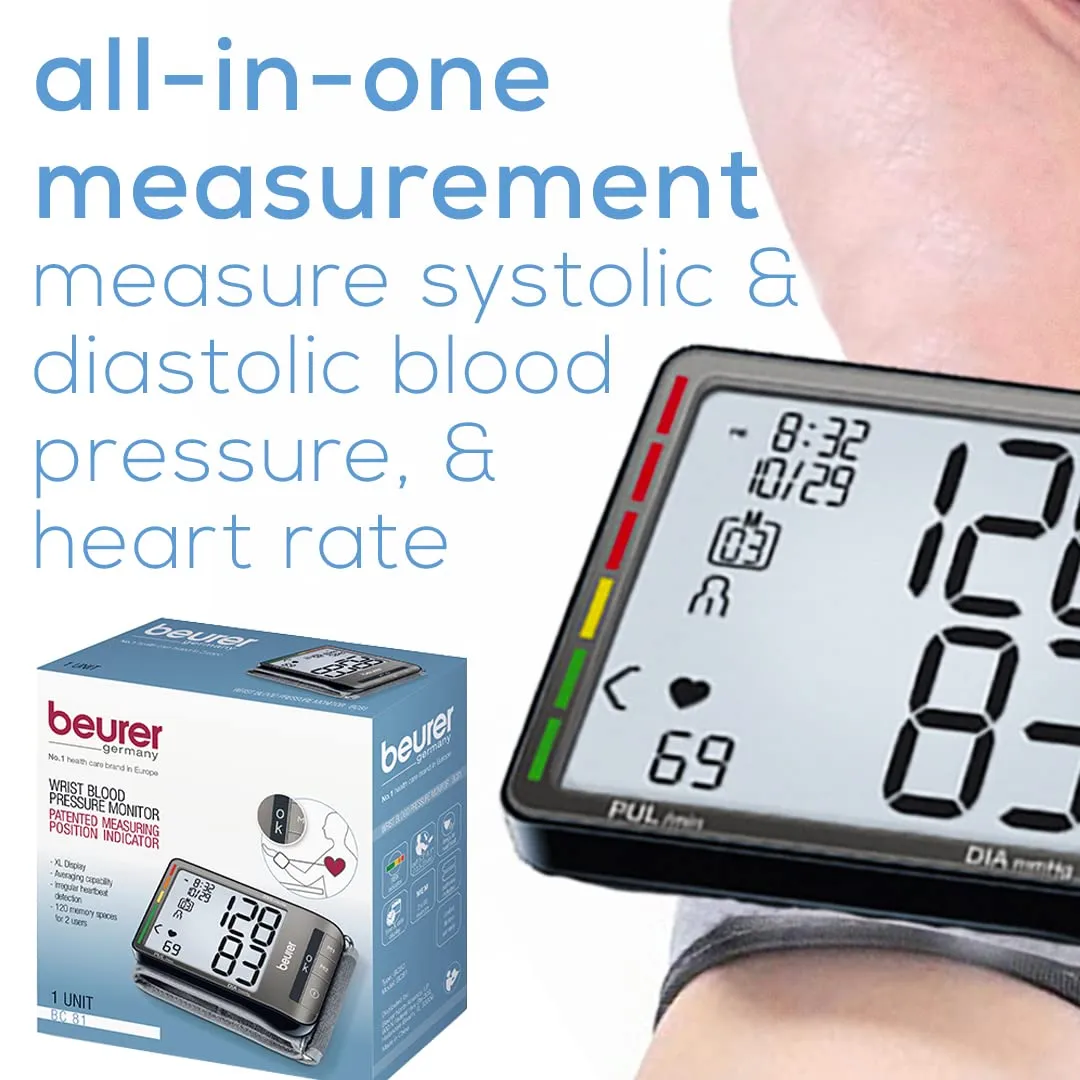 Beurer BC81 Wrist Blood Pressure Monitor – XL Display, Arrhythmia Detection, 120 Memory Sets – XL Blood Pressure Cuff Wrist for Home Use, Automatic Blood Pressure Machine with Storage Case, Batteries