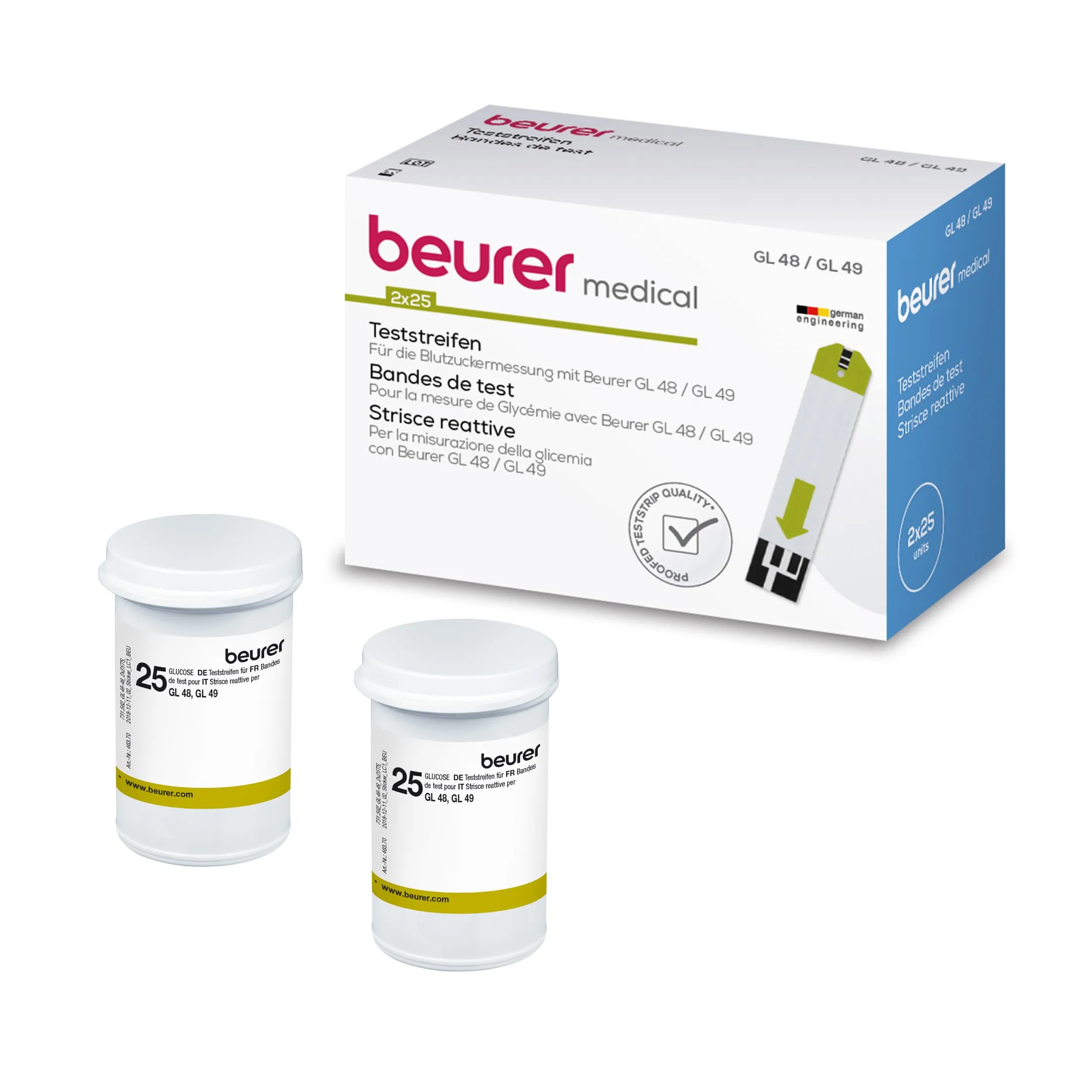 Beurer blood sugar test strips for use with GL 48 and GL 49, 50 pieces (2 x can of 25), suitable for personal use, tested test strip quality