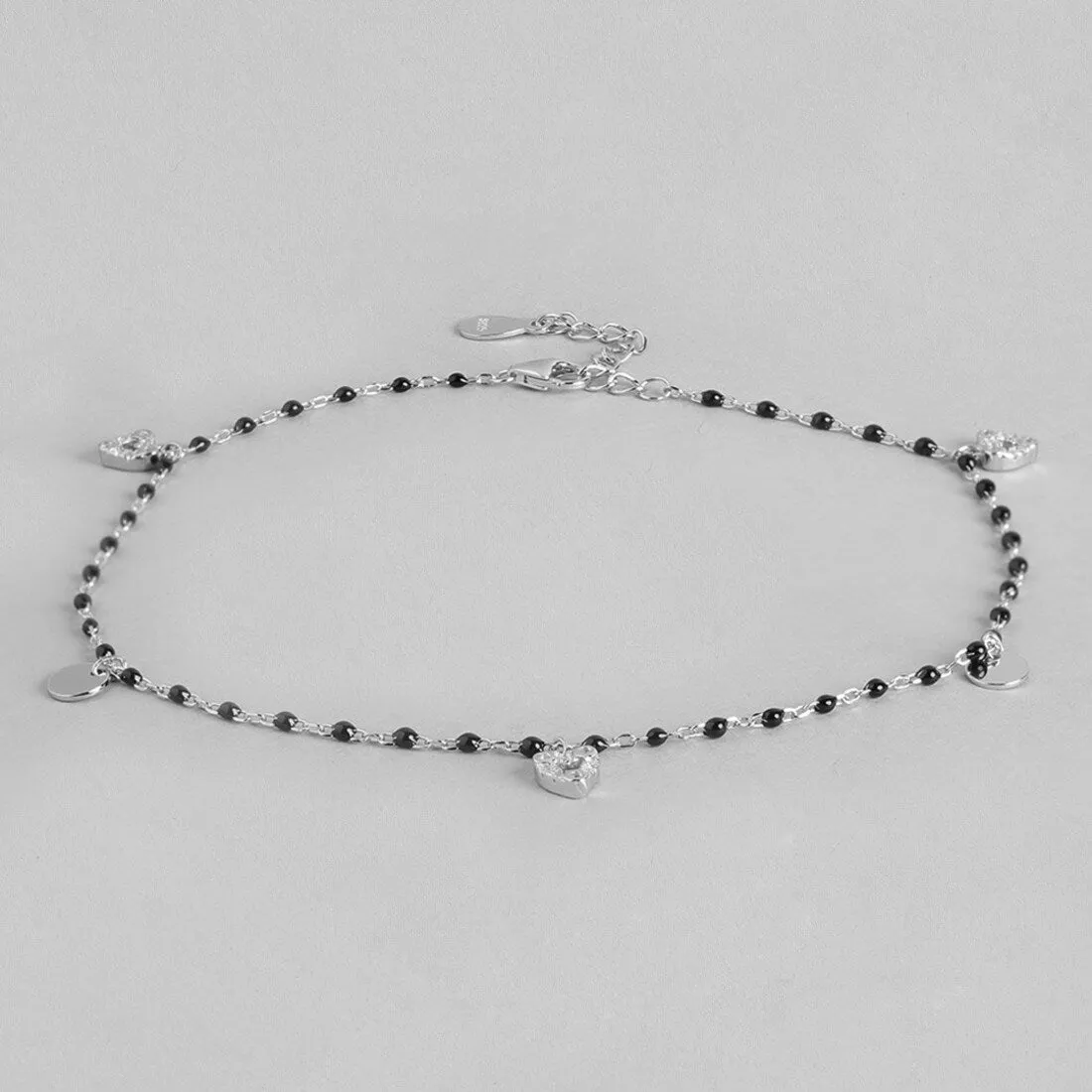 Black Beads with Heart Charms 925 Sterling Silver Anklet