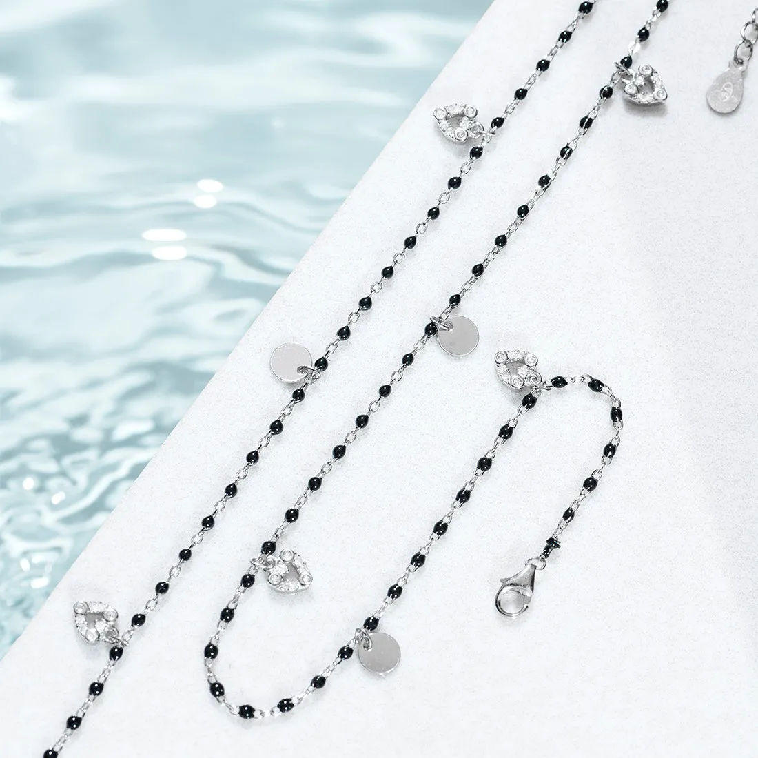 Black Beads with Heart Charms 925 Sterling Silver Anklet