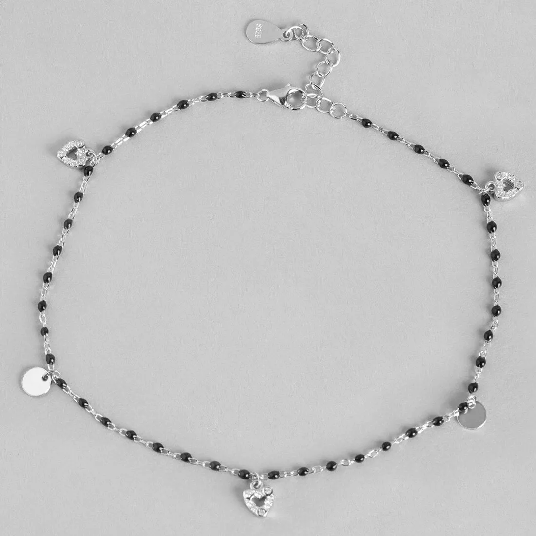 Black Beads with Heart Charms 925 Sterling Silver Anklet