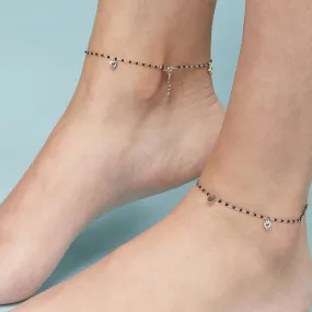 Black Beads with Heart Charms 925 Sterling Silver Anklet