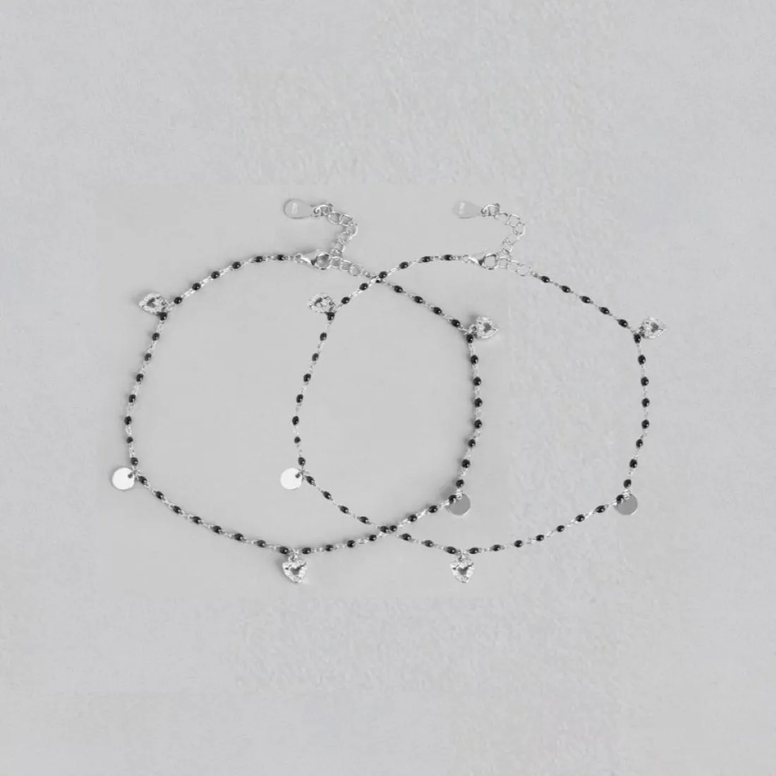 Black Beads with Heart Charms 925 Sterling Silver Anklet