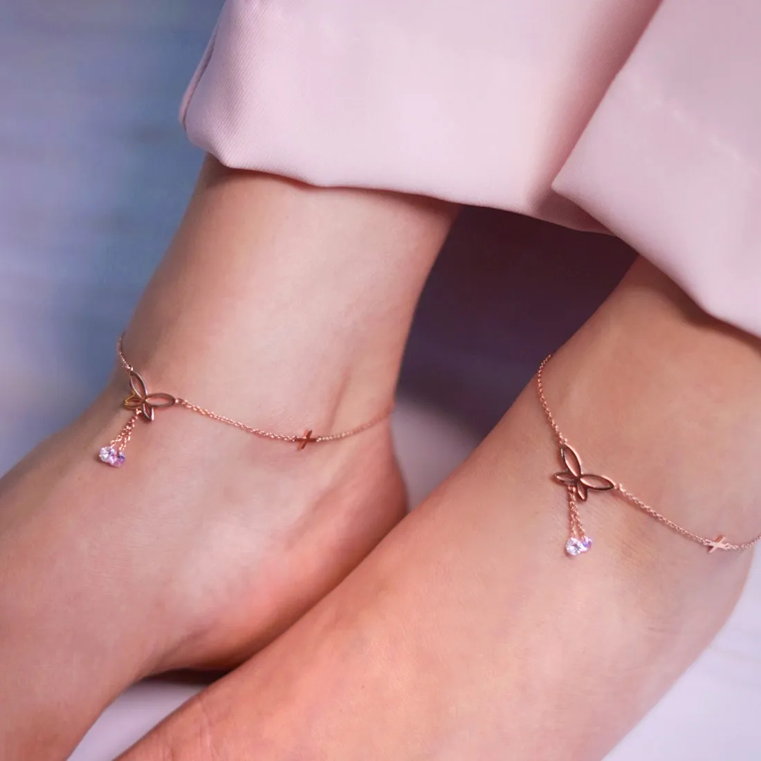 Butterfly Rose Gold Plated 925 Sterling Silver Charm Anklet