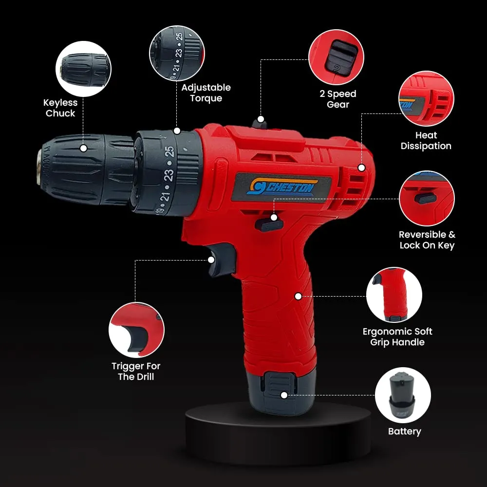 Cheston 12V Cordless Impact Drill Machine Screwdriver | 10mm Keyless Chuck | 1500 MAH Battery Torque (18 1) 1500 RPM | Reversible Variable Speed for Walls Woods Metal | Carrying tool kit case