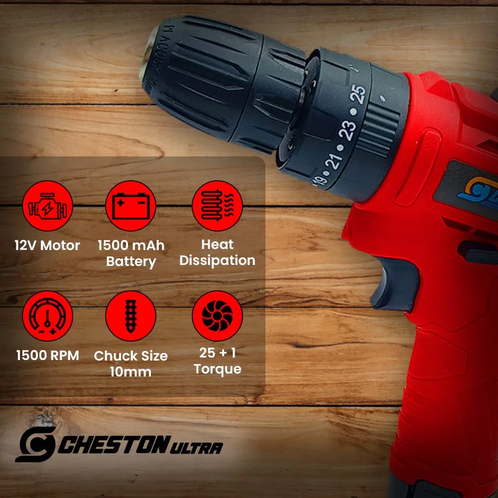 Cheston 12V Cordless Impact Drill Machine Screwdriver | 10mm Keyless Chuck | 1500 MAH Battery Torque (18 1) 1500 RPM | Reversible Variable Speed for Walls Woods Metal | Carrying tool kit case