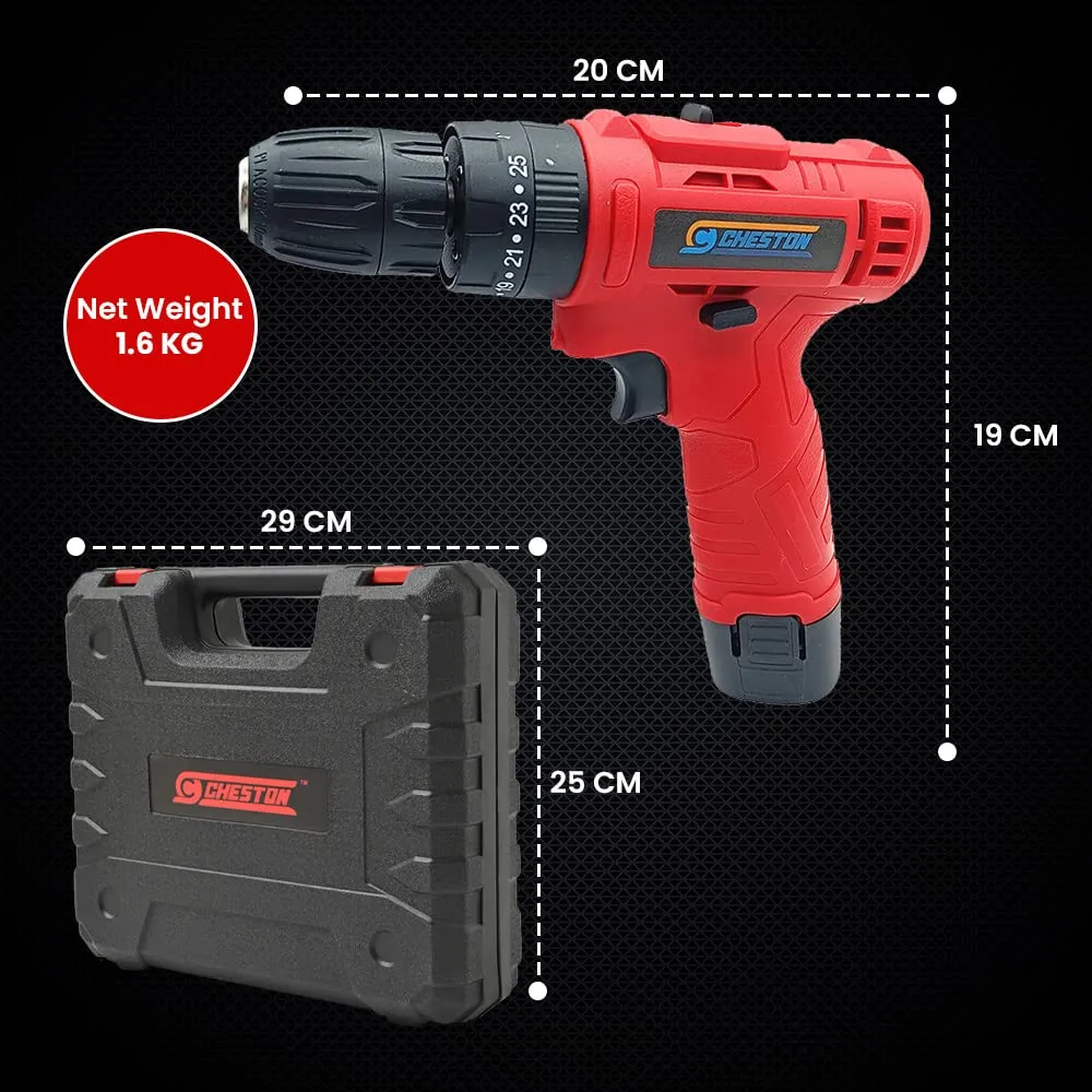 Cheston 12V Cordless Impact Drill Machine Screwdriver | 10mm Keyless Chuck | 1500 MAH Battery Torque (18 1) 1500 RPM | Reversible Variable Speed for Walls Woods Metal | Carrying tool kit case
