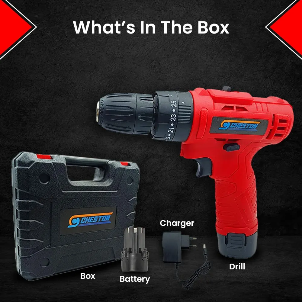 Cheston 12V Cordless Impact Drill Machine Screwdriver | 10mm Keyless Chuck | 1500 MAH Battery Torque (18 1) 1500 RPM | Reversible Variable Speed for Walls Woods Metal | Carrying tool kit case
