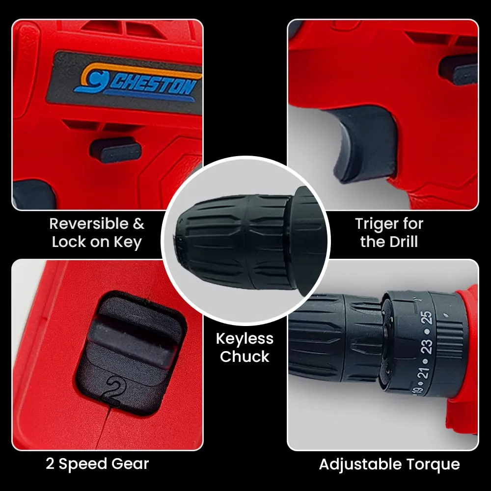 Cheston 12V Cordless Impact Drill Machine Screwdriver | 10mm Keyless Chuck | 1500 MAH Battery Torque (18 1) 1500 RPM | Reversible Variable Speed for Walls Woods Metal | Carrying tool kit case
