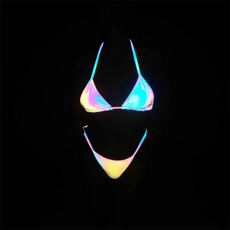 Colorful Reflective Polyester High Leg Bikini
