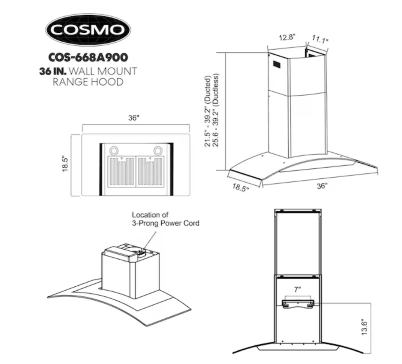 Cosmo 36-in 380-CFM Ducted Stainless Steel Wall-Mounted Range Hood