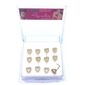 Dozen Nose Pin Piercing Pin Rhinestone Gold with L Shape Heart