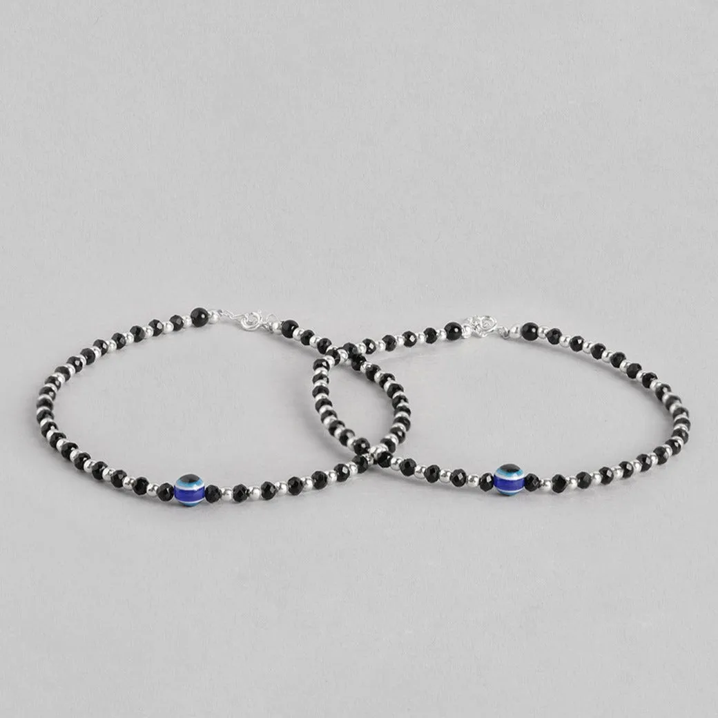 Evil Eye Black Beads 925 Sterling Silver Anklet