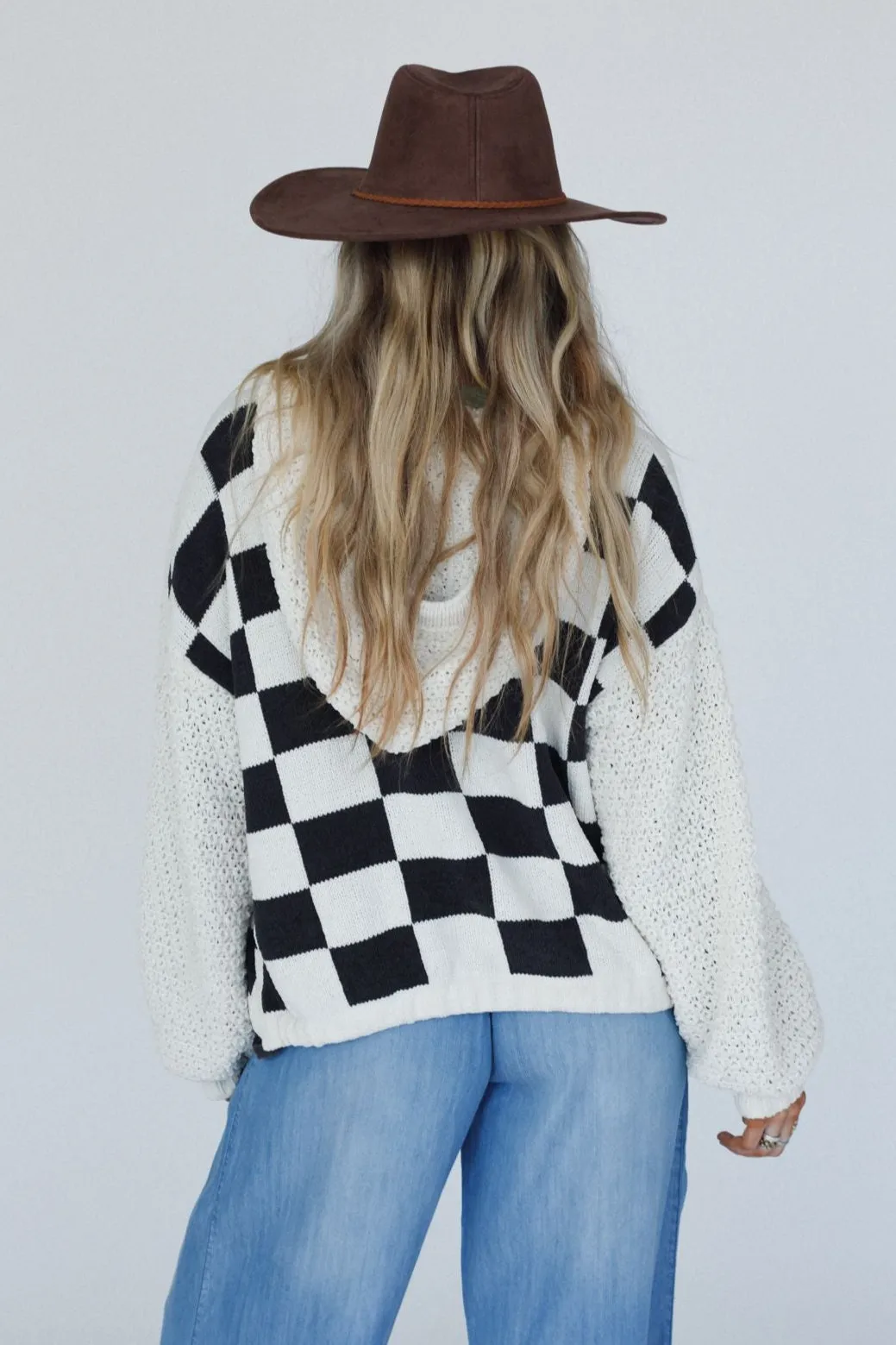 Flower Check Hoodie Top - Cream