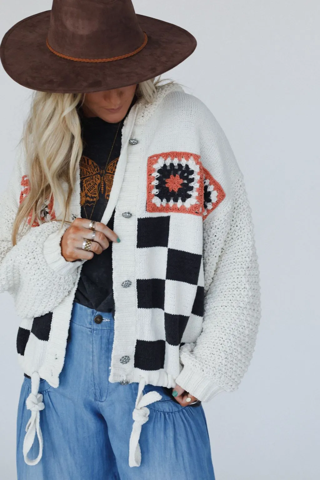 Flower Check Hoodie Top - Cream