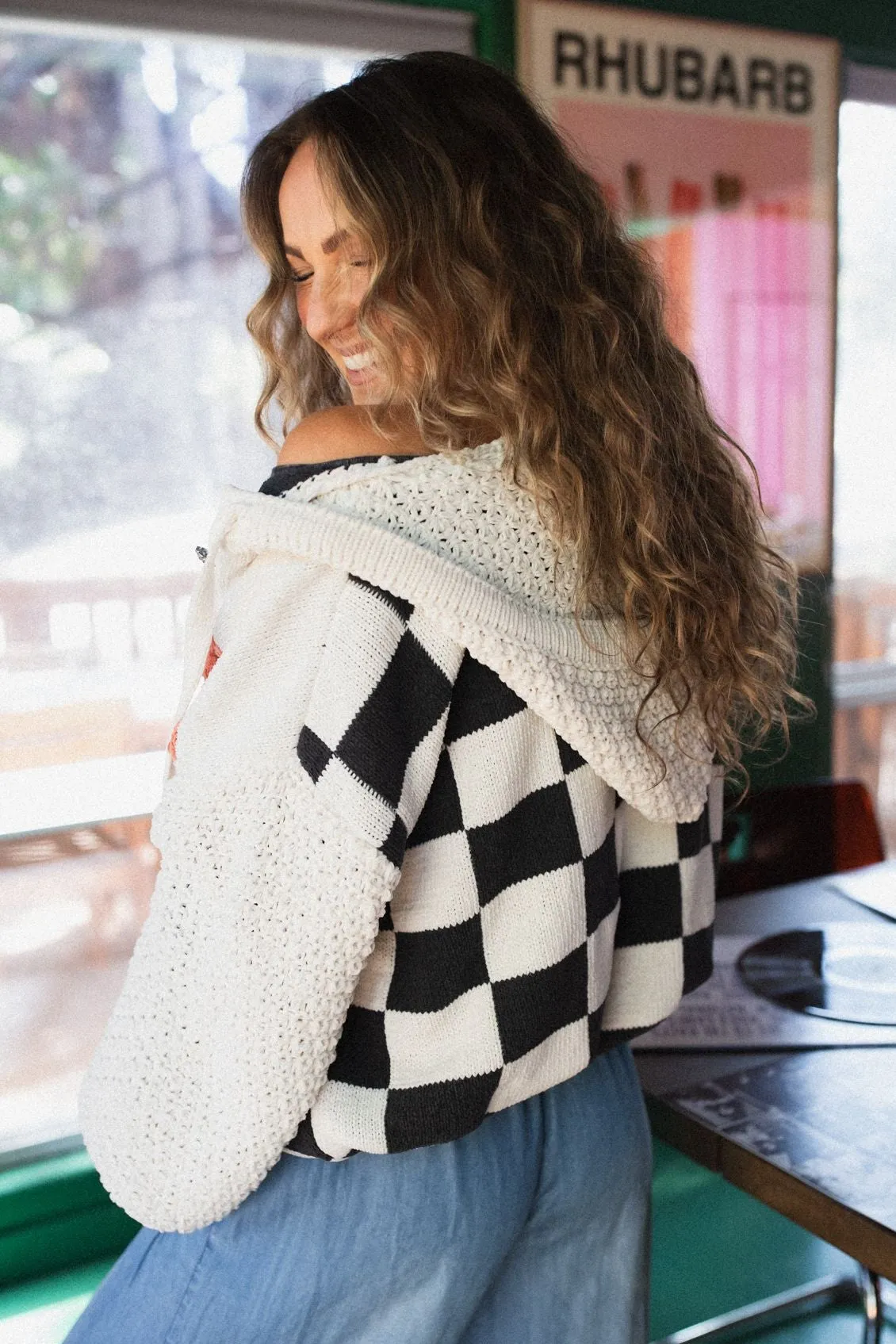 Flower Check Hoodie Top - Cream