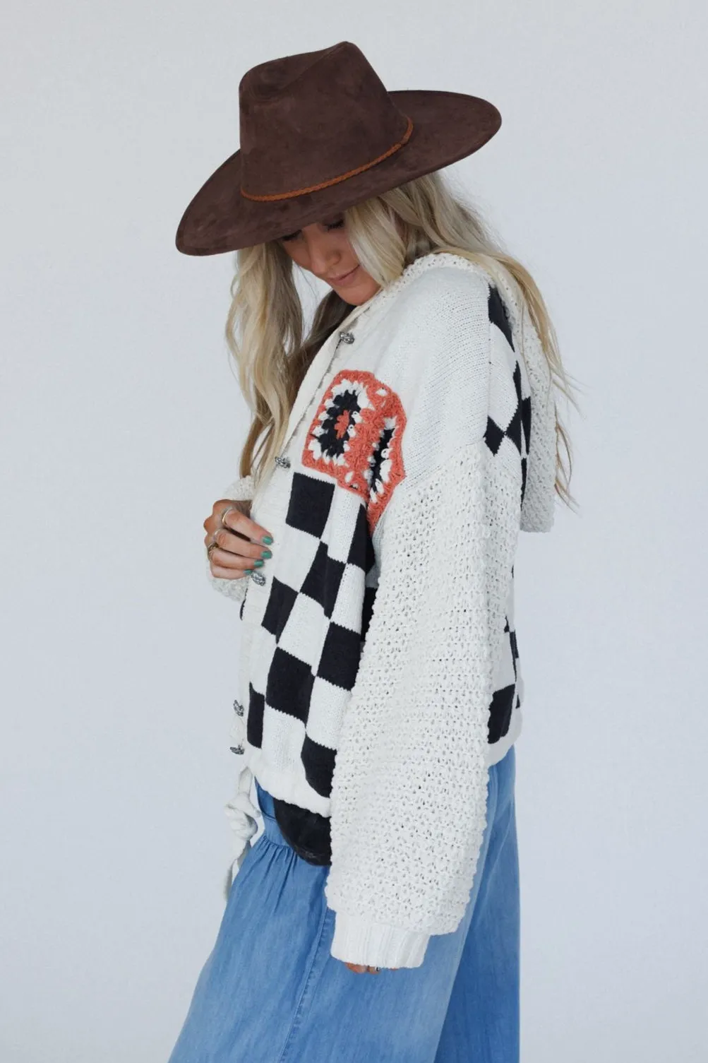 Flower Check Hoodie Top - Cream