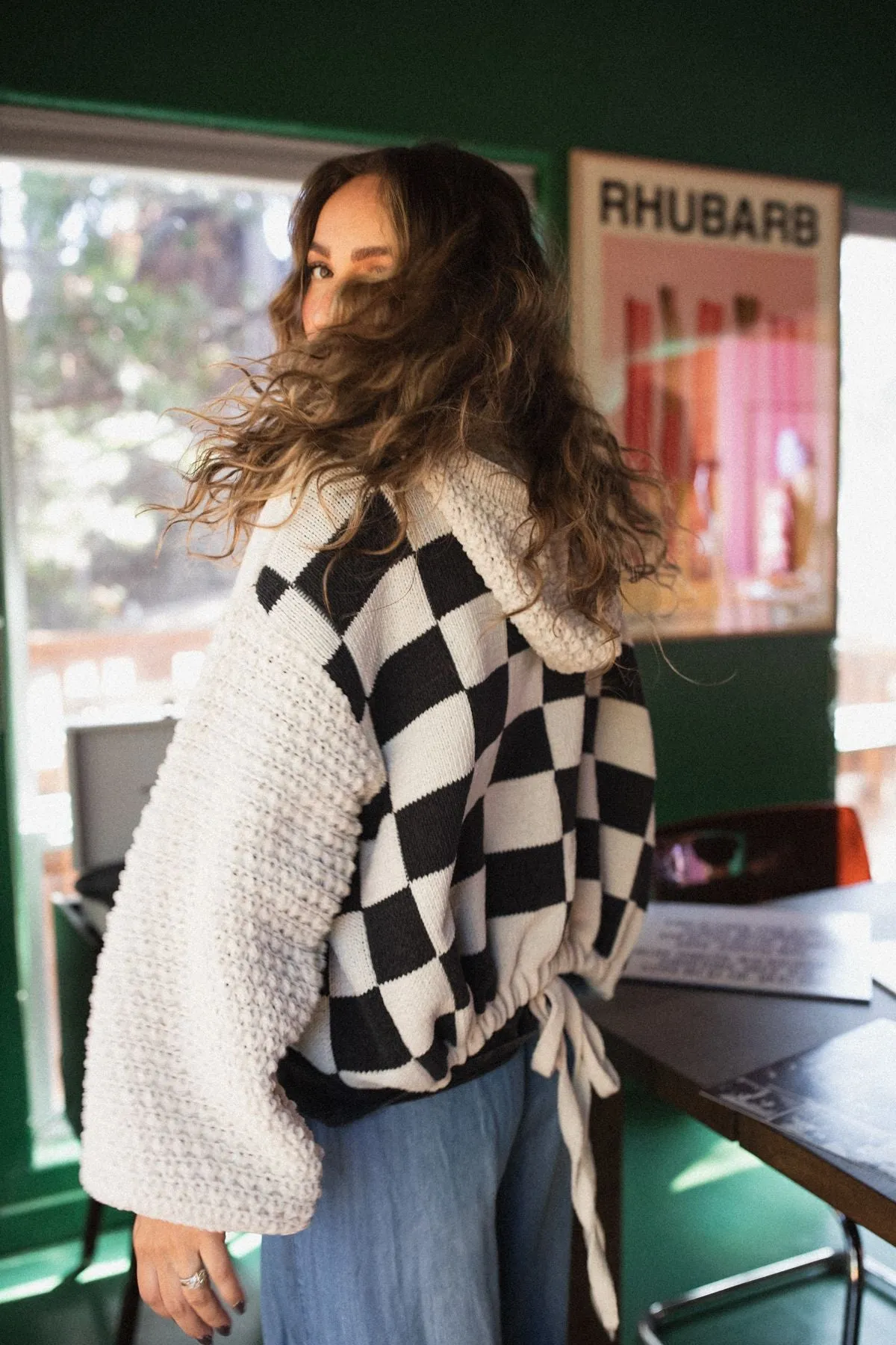 Flower Check Hoodie Top - Cream