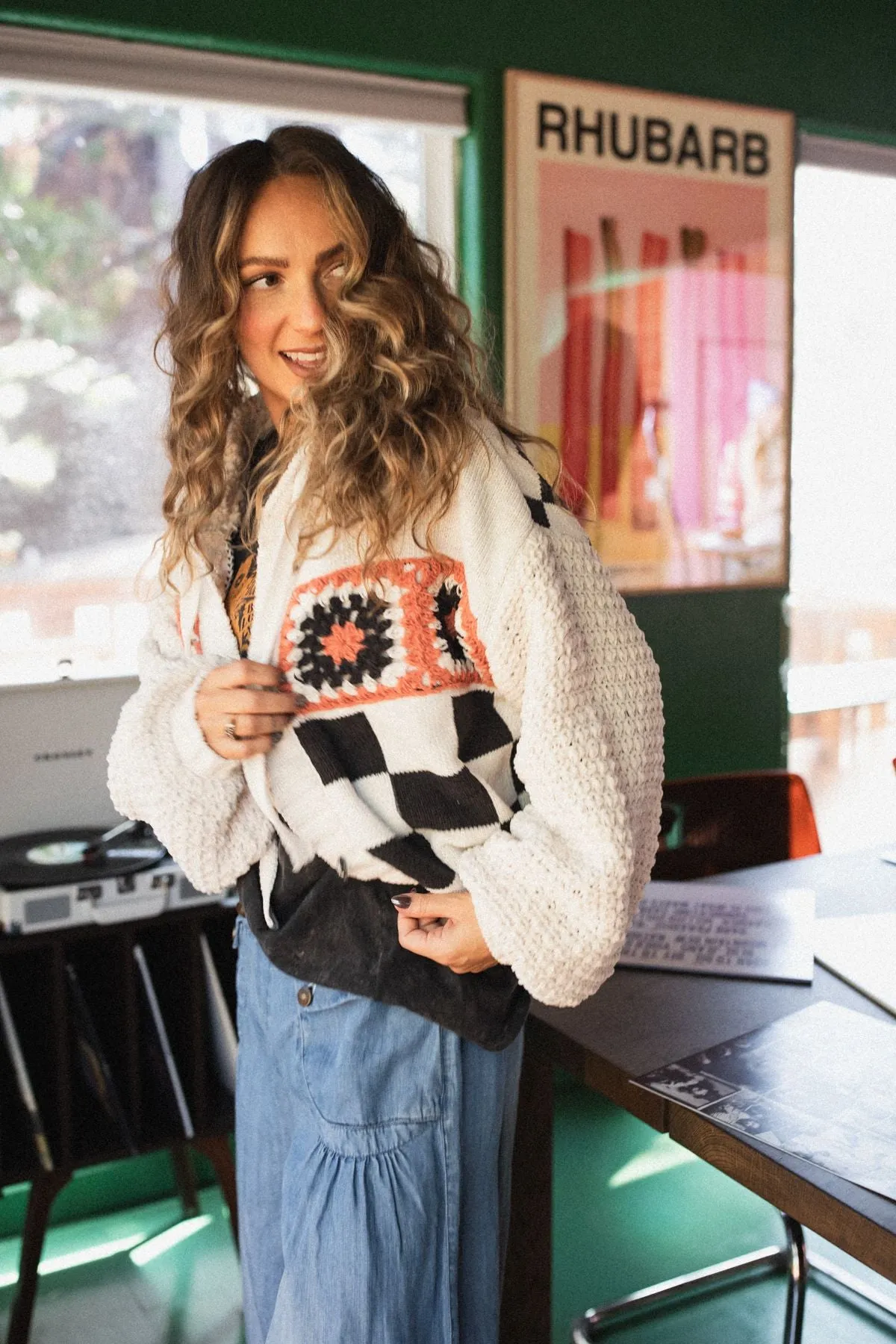 Flower Check Hoodie Top - Cream