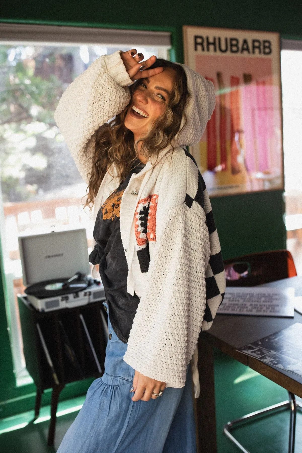 Flower Check Hoodie Top - Cream