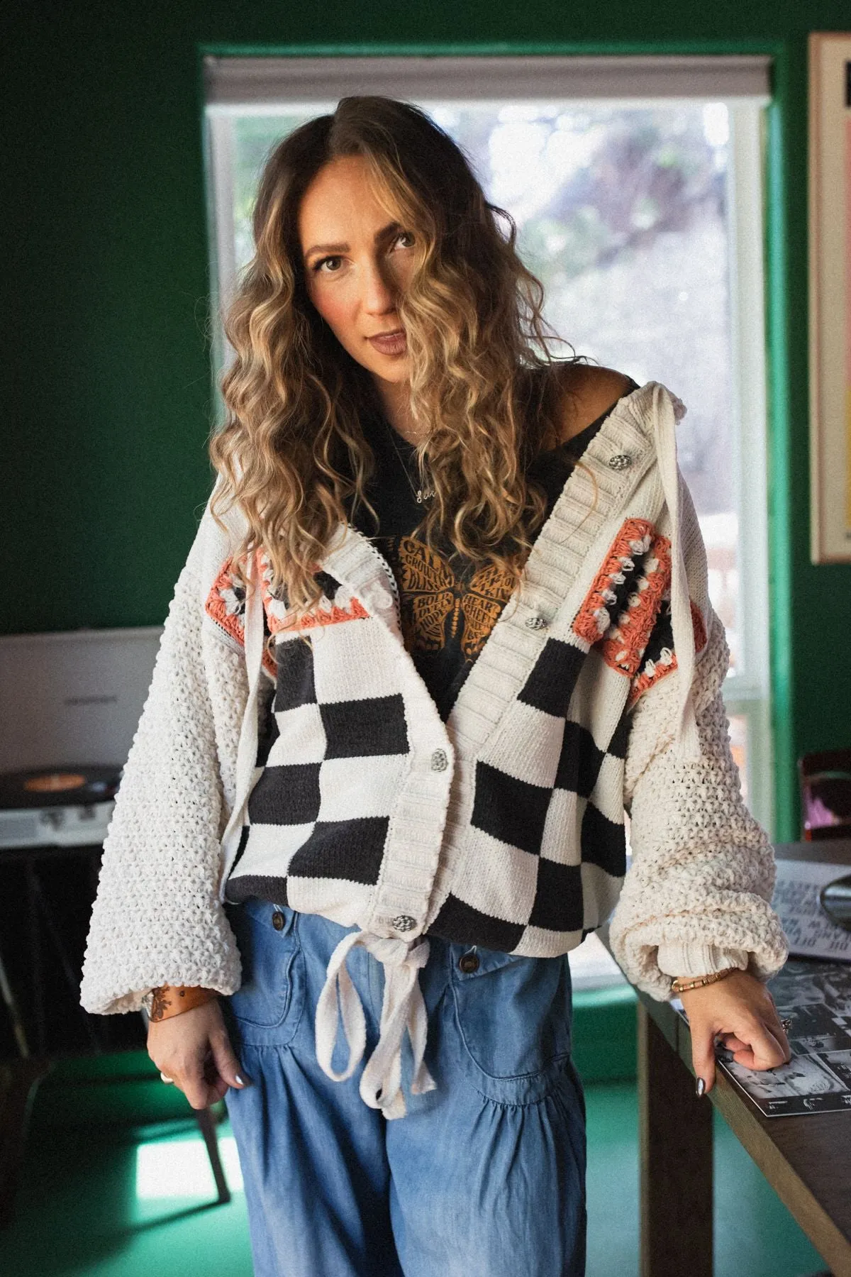 Flower Check Hoodie Top - Cream